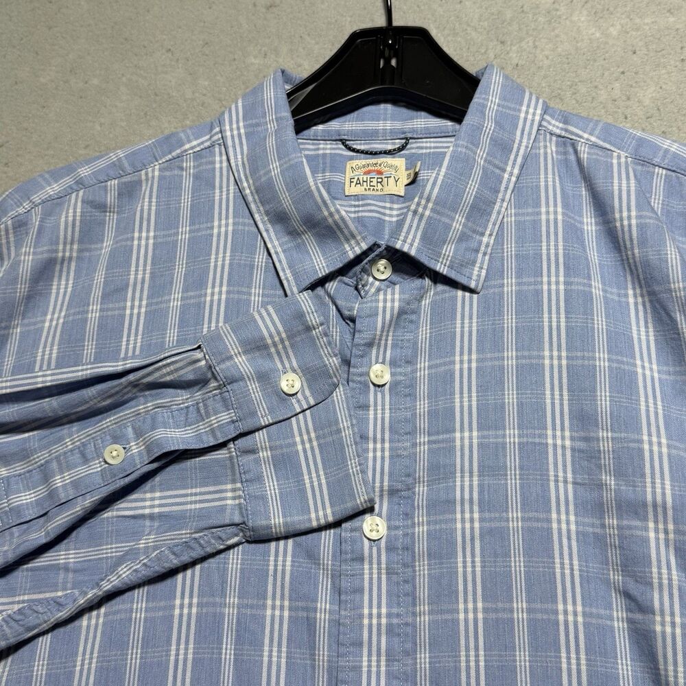 Faherty Button Down Shirt Mens Size 2XL Blue White Plaid Long Sleeve Stretch